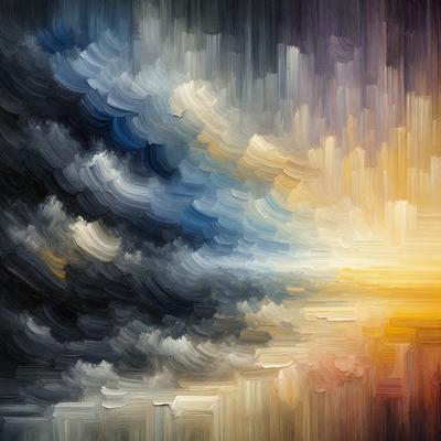 The primary subject of the image is a cloudy sky with a sunset in the background. The setting is a beach, and the visual style is a combination of digital art and illustration. The dominant colors are blue, yellow, and orange, creating a warm and serene atmosphere.